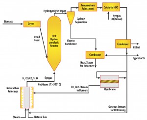 agrawal-biomass Diagram describing fast-hydropyrolysis-hydrodeoxygenation