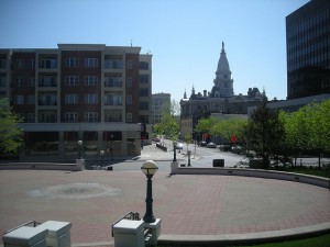 looking-out-from-riehle View of Courthouse from the steps of the Big Four Depot, Riehle Plaza