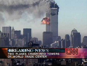 9/11 tv screen shot of World Trade Center after impact